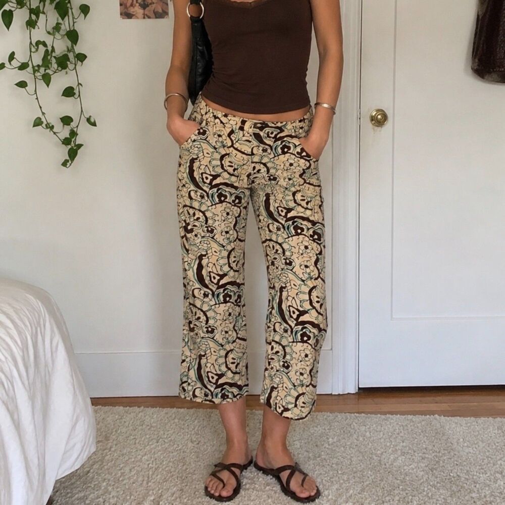 Vintage Y2K Cropped Patterned Palazzo Wide Leg Crop Pants Boho Floral Brown Teal